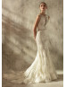Beaded Boat Neck Ivory Lace V Back Wedding Dress